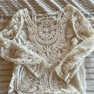 Long sleeve lace detailed sheer shirt.